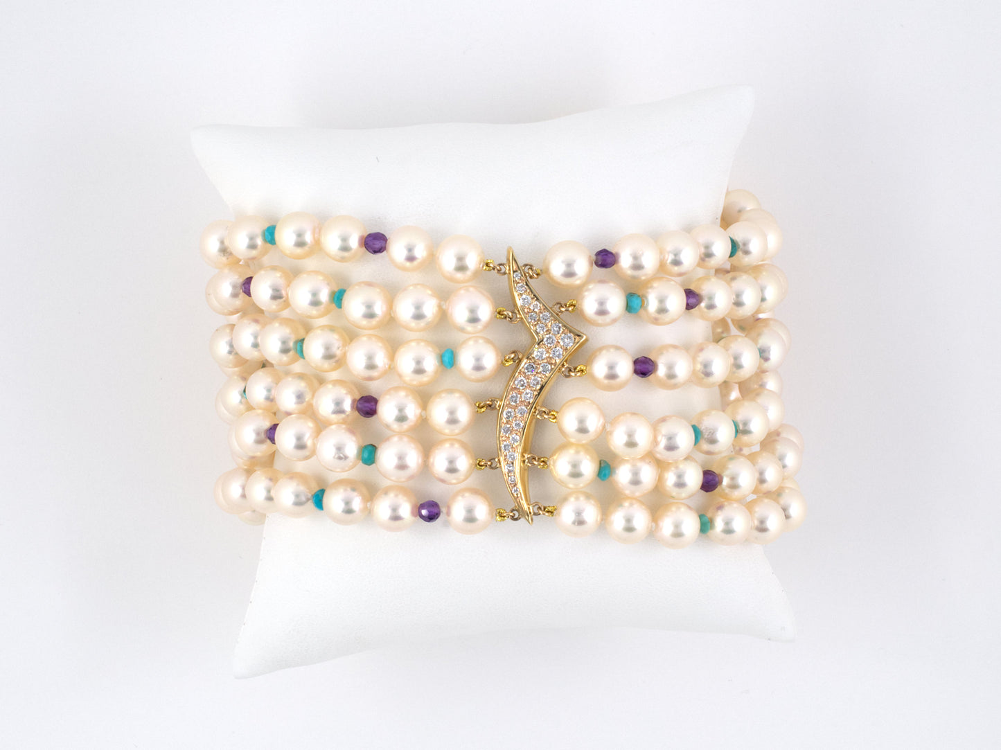 73147 - Gold Diamond Pearl Amethyst Turquoise Bead Bracelet