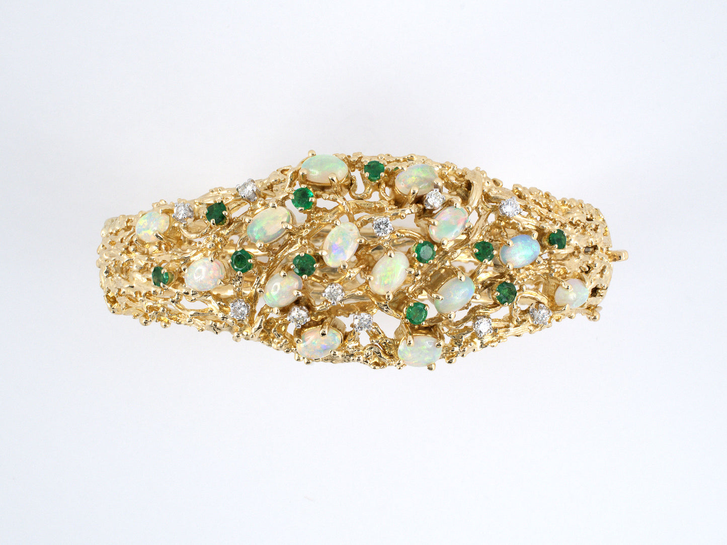 73159 - SOLD - Circa 1970 Gold Opal Diamond Emerald Bamboo Bangle