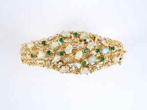 73159 - Circa 1970 Gold Opal Diamond Emerald Bamboo Bangle