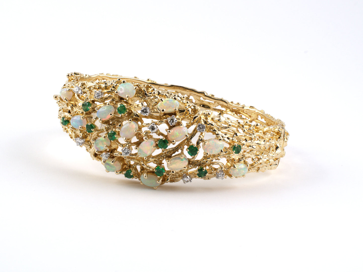 73159 - SOLD - Circa 1970 Gold Opal Diamond Emerald Bamboo Bangle