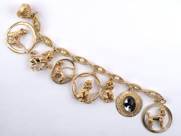 73213 - SOLD - Gold Ruby Pearl Poodle Charm Bracelet