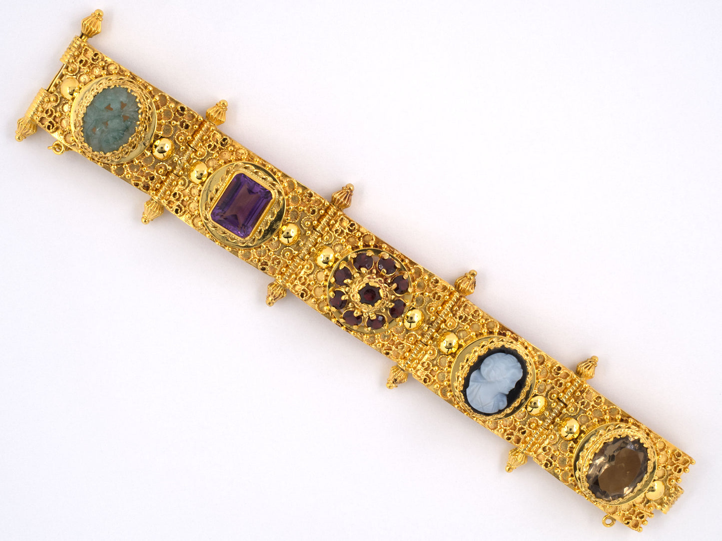 73236 - SOLD - Gold Jadeite Amethyst Garnet Cameo Panel Bracelet