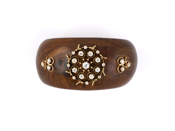 73283 - Victorian Gold Scroll Sunburst Diamond Wood Cuff Bracelet