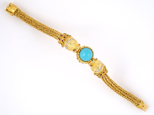 73308 - SOLD - Circa: 1970s Gold Turquoise Diamond Ruby Etruscan Chimera Mesh Bangle Bracelet
