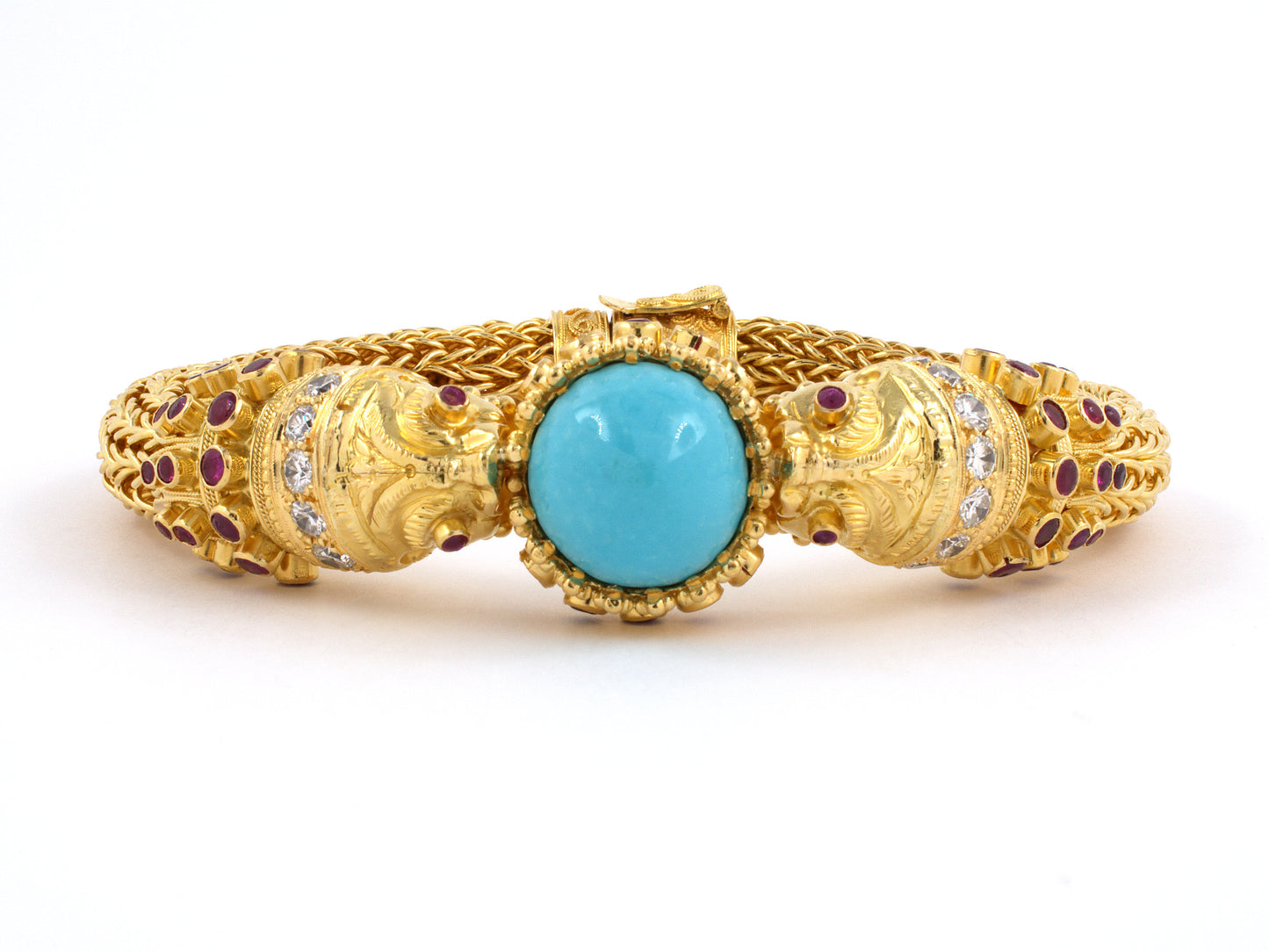 73308 - SOLD - Circa: 1970s Gold Turquoise Diamond Ruby Etruscan Chimera Mesh Bangle Bracelet