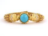 73308 - Circa: 1970s Gold Turquoise Diamond Ruby Etruscan Chimera Mesh Bangle Bracelet
