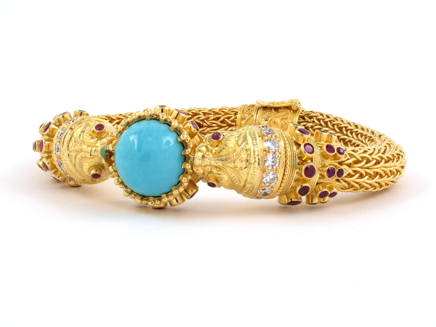 73308 - SOLD - Circa: 1970s Gold Turquoise Diamond Ruby Etruscan Chimera Mesh Bangle Bracelet