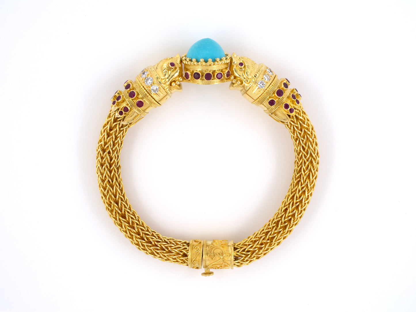 73308 - SOLD - Circa: 1970s Gold Turquoise Diamond Ruby Etruscan Chimera Mesh Bangle Bracelet