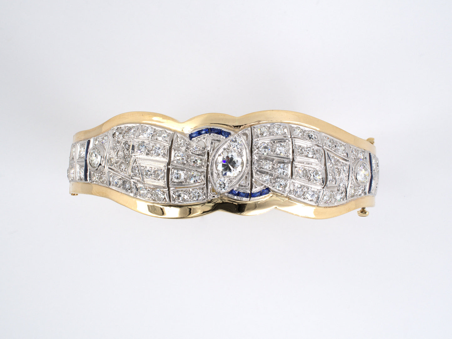 73344 - Art Deco Platinum Gold Diamond Synthetic Sapphire Eternity Bangle Bracelet
