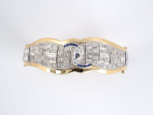 73344 - Art Deco Platinum Gold Diamond Synthetic Sapphire Eternity Bangle Bracelet