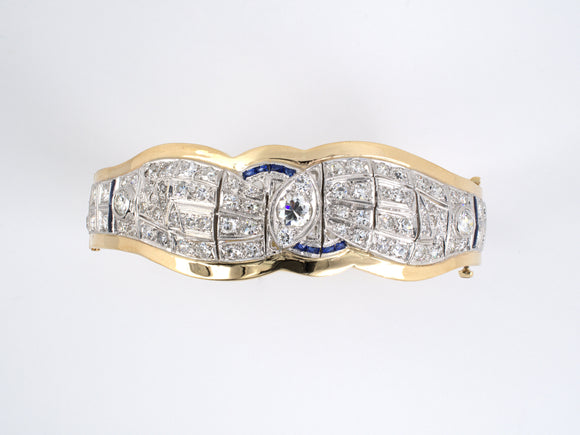 73344 - Art Deco Platinum Gold Diamond Synthetic Sapphire Bangle Bracelet