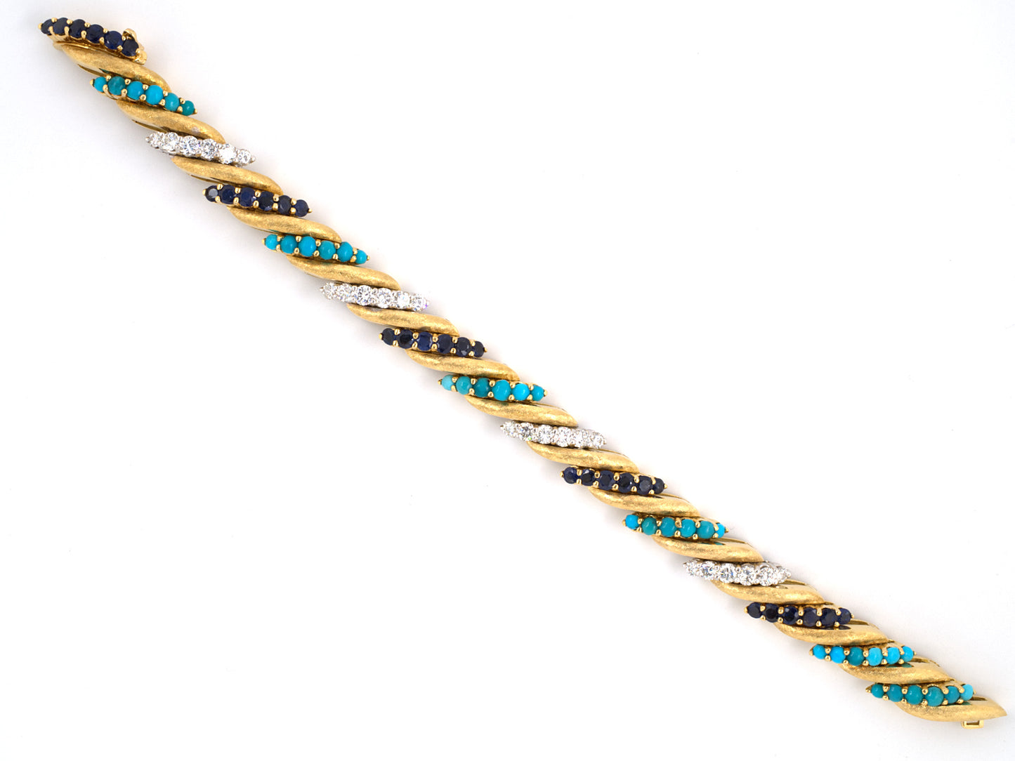 73381 - SOLD - Gold Diamond Turquoise & Sapphire Barber Pole Bracelet