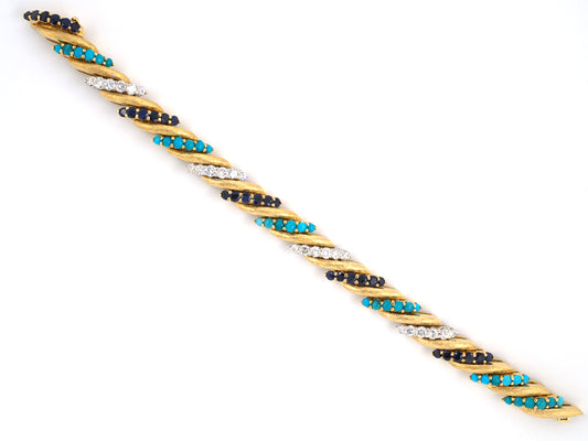 73381 - SOLD - Gold Diamond Turquoise & Sapphire Barber Pole Bracelet