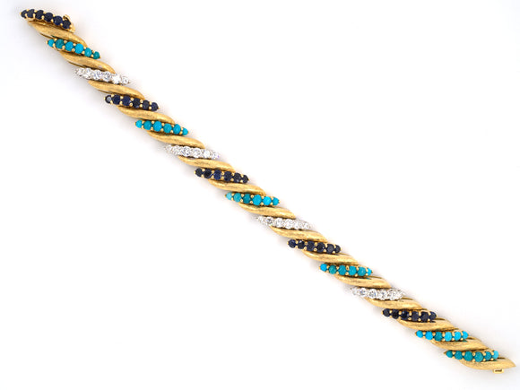73381 - Gold Diamond Turquoise & Sapphire Barber Pole Bracelet