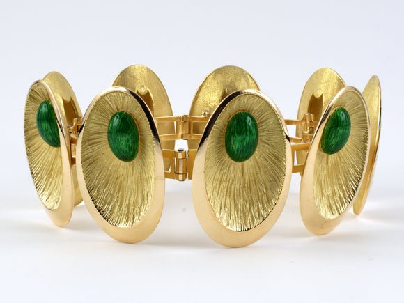 73404 - Circa 1970 Gold French Green Enamel Textured Oval Link Bracelet