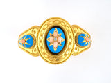 73494 - 18k Yg Diamond Rose Cut Diamond Coral Blue Enamel Victorian Etruscan Revival Beaded Wire Work Domed Locket Bangle Bracelet,  6