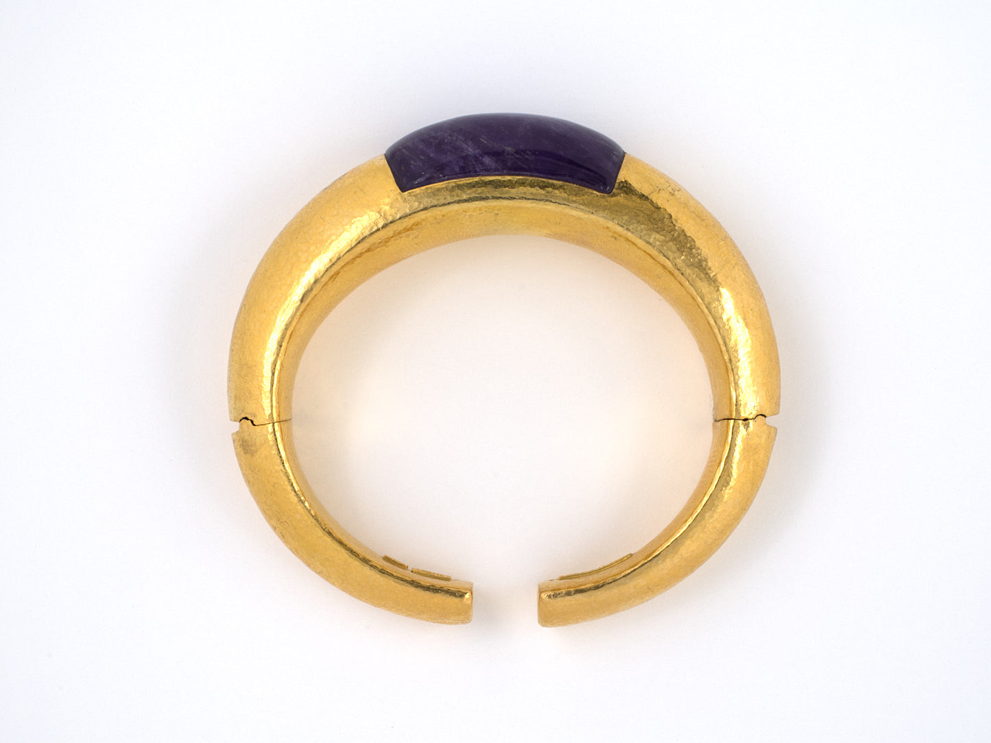 73543 - SOLD - Lalaounis Hammered Gold Amethyst Hinged Tapered Open Bangle Bracelet