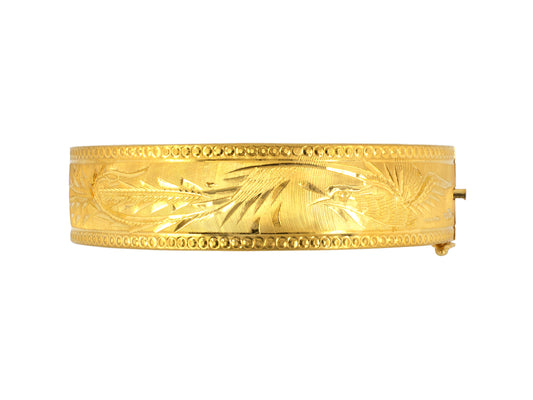 73556 - SOLD - Gold Carved Leaf Floral Bangle Bracelet