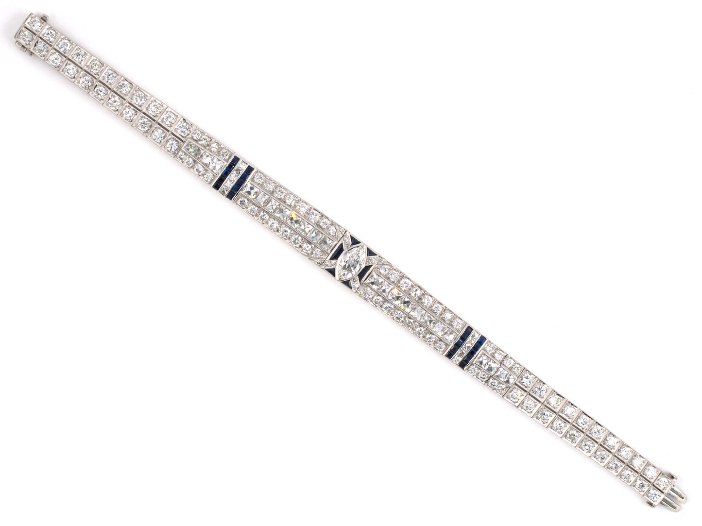 73584 - Art Deco Platinum Diamond Sapphire 3 Section Bracelet