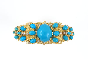 73622 - SOLD - Gold Diamond Turquoise Spread Center Hinged Bangle Bracelet