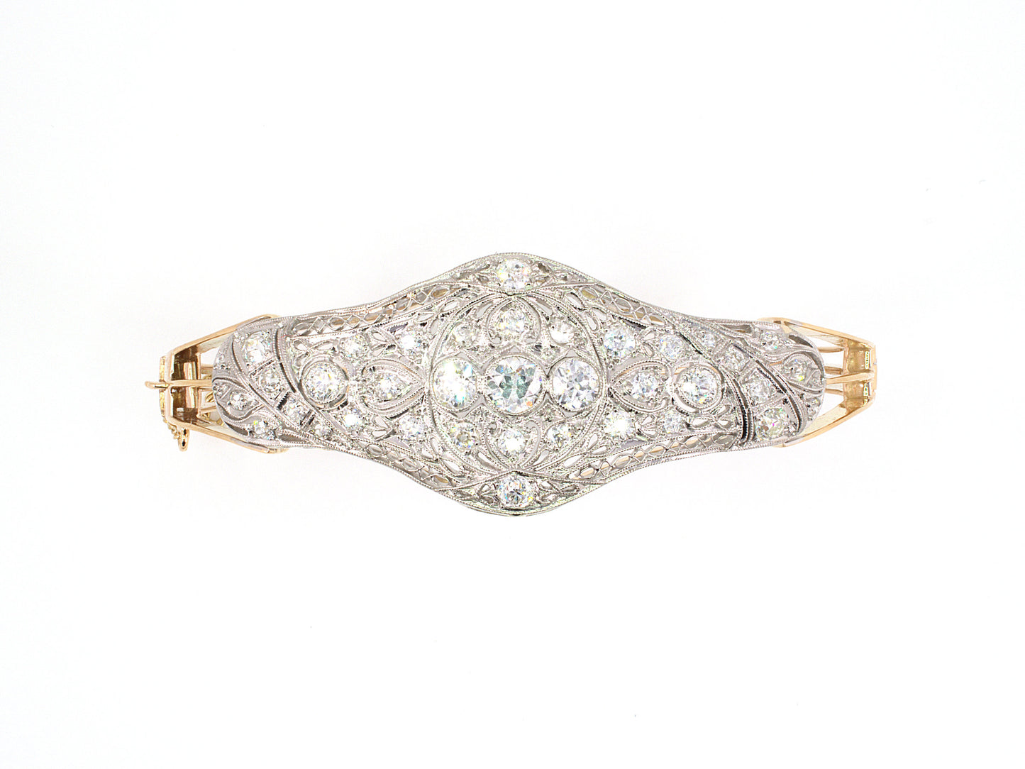 73623 - SOLD - Art Deco Gold Platinum Diamond Center Ornament Hinged Bangle Bracelet