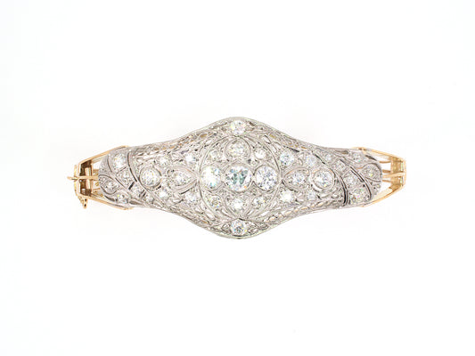 73623 - SOLD - Art Deco Gold Platinum Diamond Center Ornament Hinged Bangle Bracelet