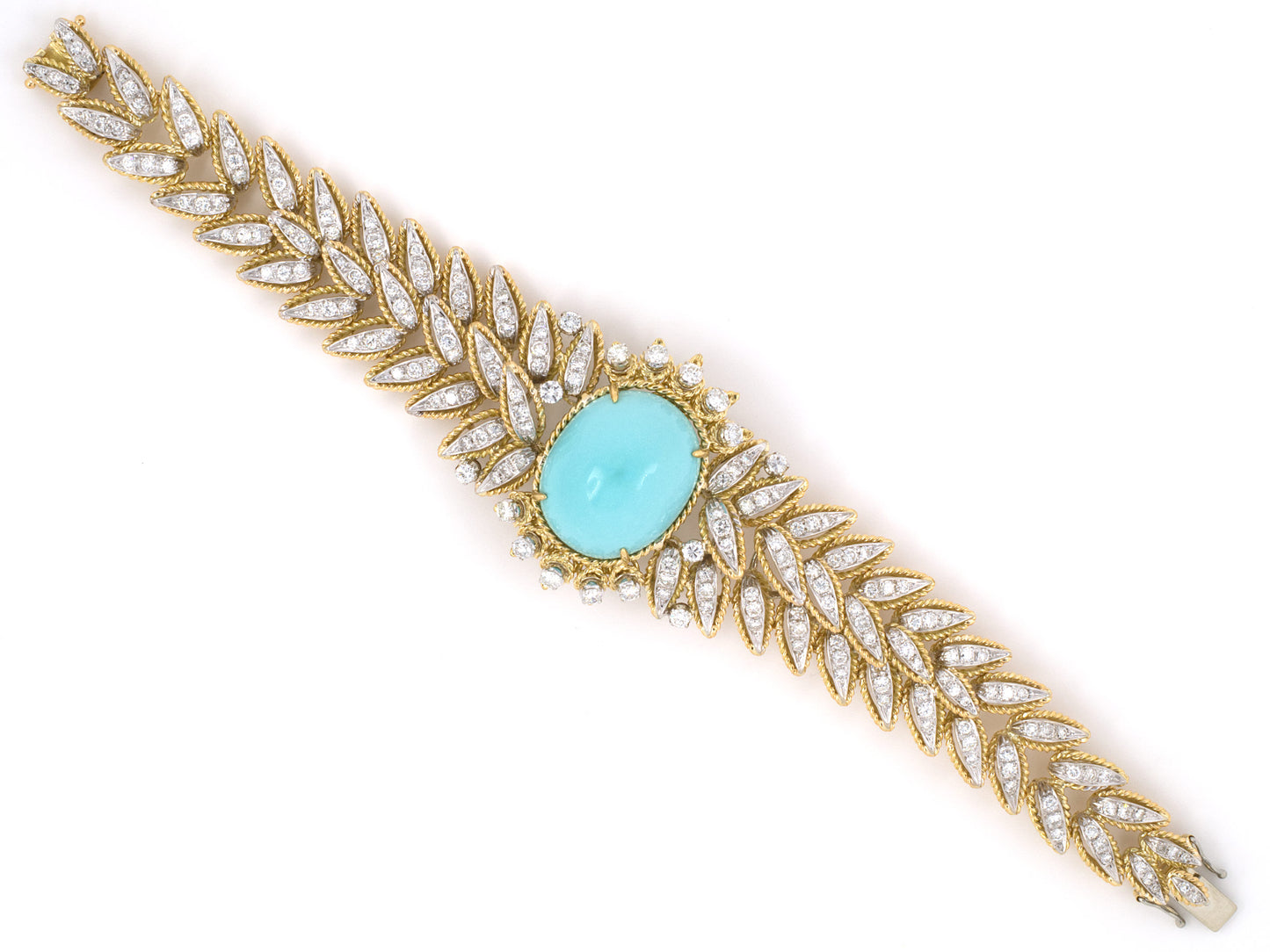 73626 - SOLD - Circa 1960s Gold Diamond Cabochon Turquoise Rope Link Tapered Bracelet