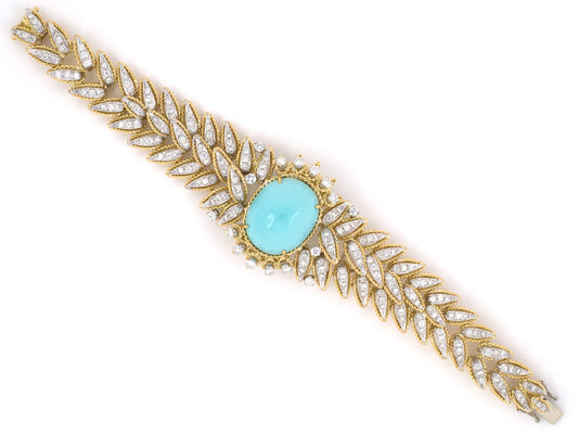 73626 - SOLD - Circa 1960s Gold Diamond Cabochon Turquoise Rope Link Tapered Bracelet