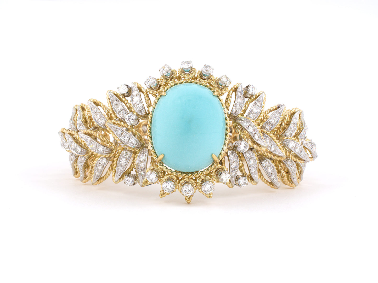 73626 - SOLD - Circa 1960s Gold Diamond Cabochon Turquoise Rope Link Tapered Bracelet