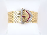 73631 - SOLD - Retro Gold Palladium Diamond Ruby Brick Pattern Buckle Bracelet