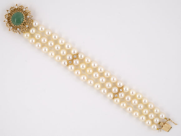 73635 - SOLD - Gold Jadeite Diamond 3 Strand 3 Section Pearl Bracelet