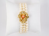 73636 - Gold Diamond Pearl Coral Rose Bud Leaf Clasp 3 Strand Bracelet