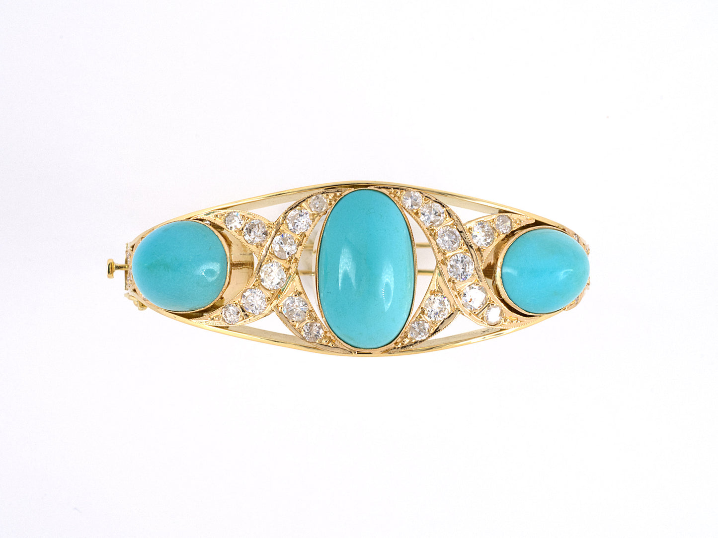 73644 - Gold Turquoise Diamond 3-Stone X Ornament Bangle Bracelet