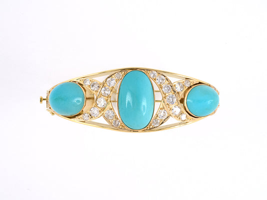 73644 - Gold Turquoise Diamond 3-Stone X Ornament Bangle Bracelet