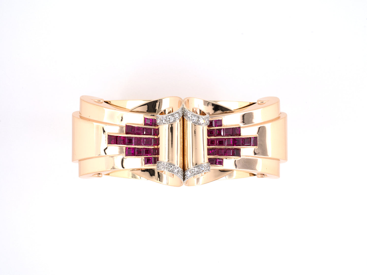 73656 - SOLD - Retro Platinum Gold Diamond Ruby Bangle Bracelet