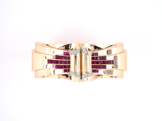 73656 - SOLD - Retro Platinum Gold Diamond Ruby Bangle Bracelet