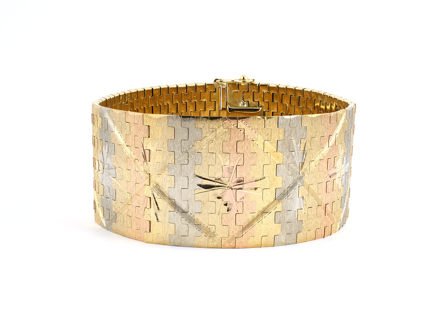 73671 - SOLD - Diamans Mexico Gold Tri-Color Stamped And Textured Bracelet