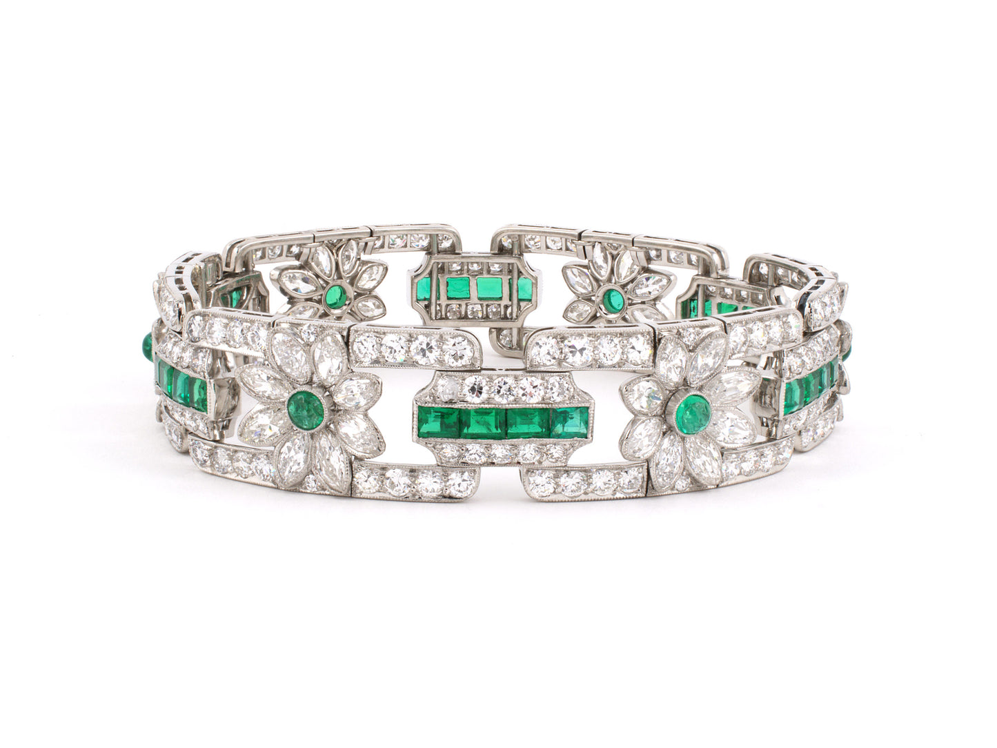 73681 - Art Deco Platinum Diamond Emerald 6 Section Floral Link Bracelet