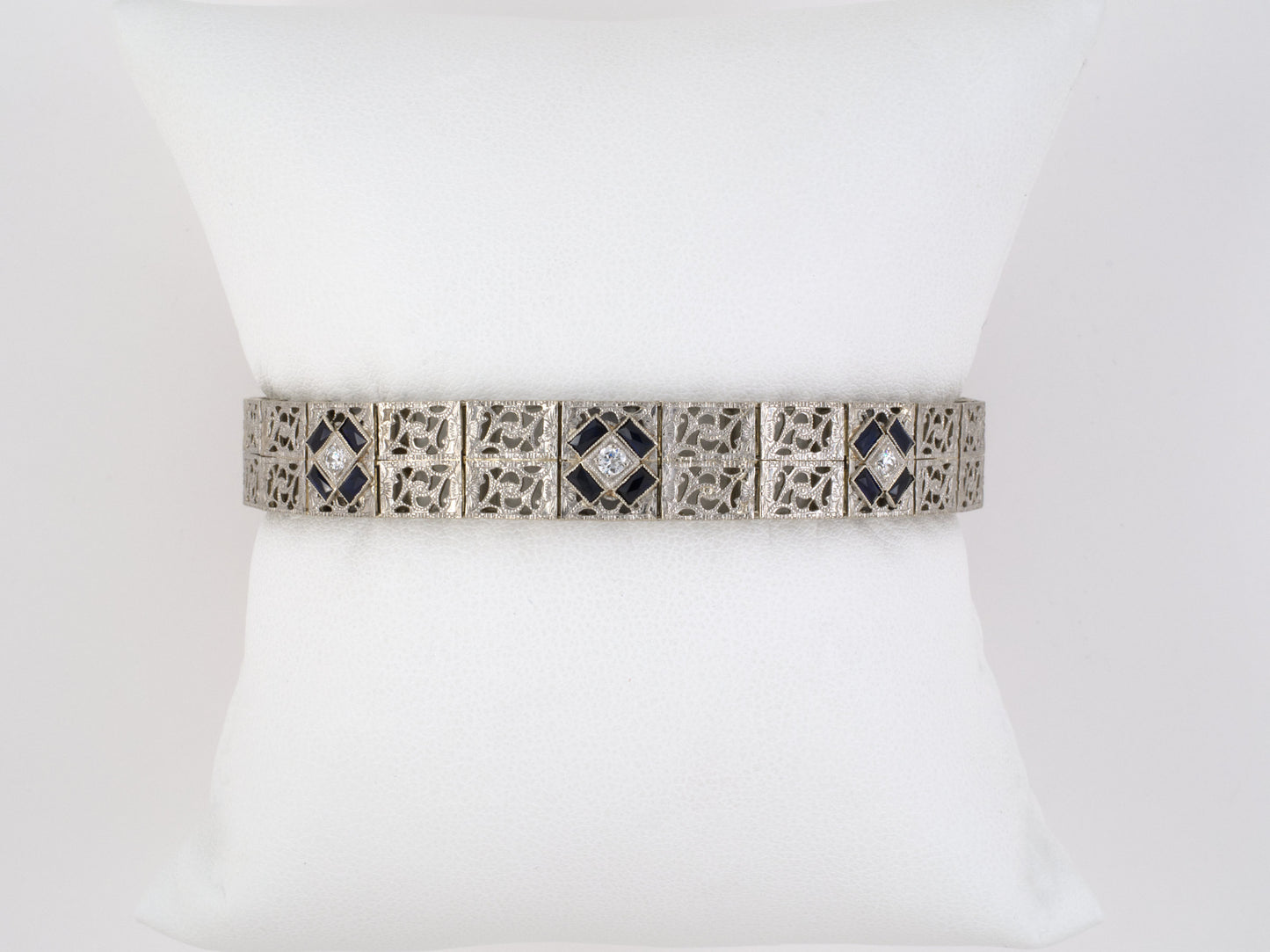 73683 - Art Deco Platinum On Gold Diamond Synthetic Sapphire Filigree Bracelet