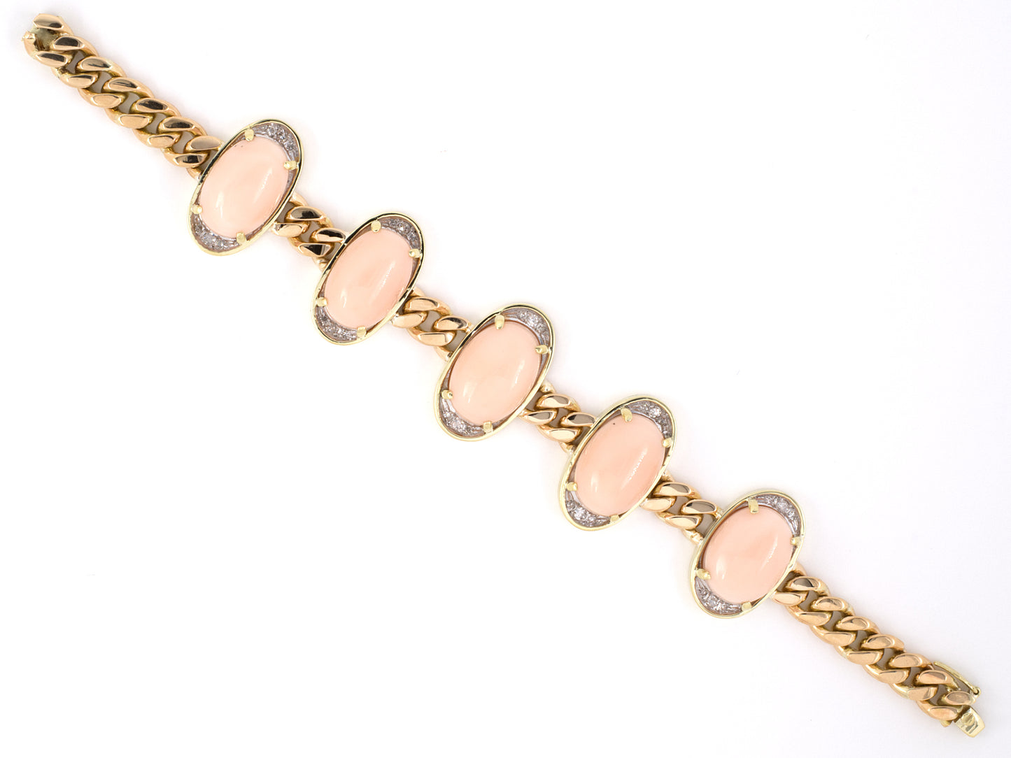 73684 - SOLD - Gold Coral Diamond 5 Ornament Curb Link Bracelet