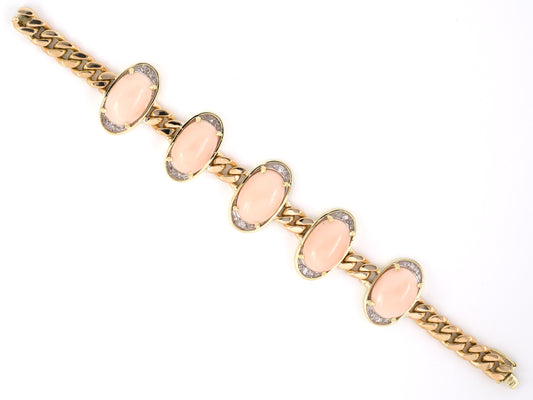 73684 - SOLD - Gold Coral Diamond 5 Ornament Curb Link Bracelet