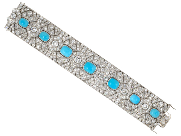 73686 - Art Deco Dante Raiser French Platinum Turquoise Diamond 7 Section Bracelet