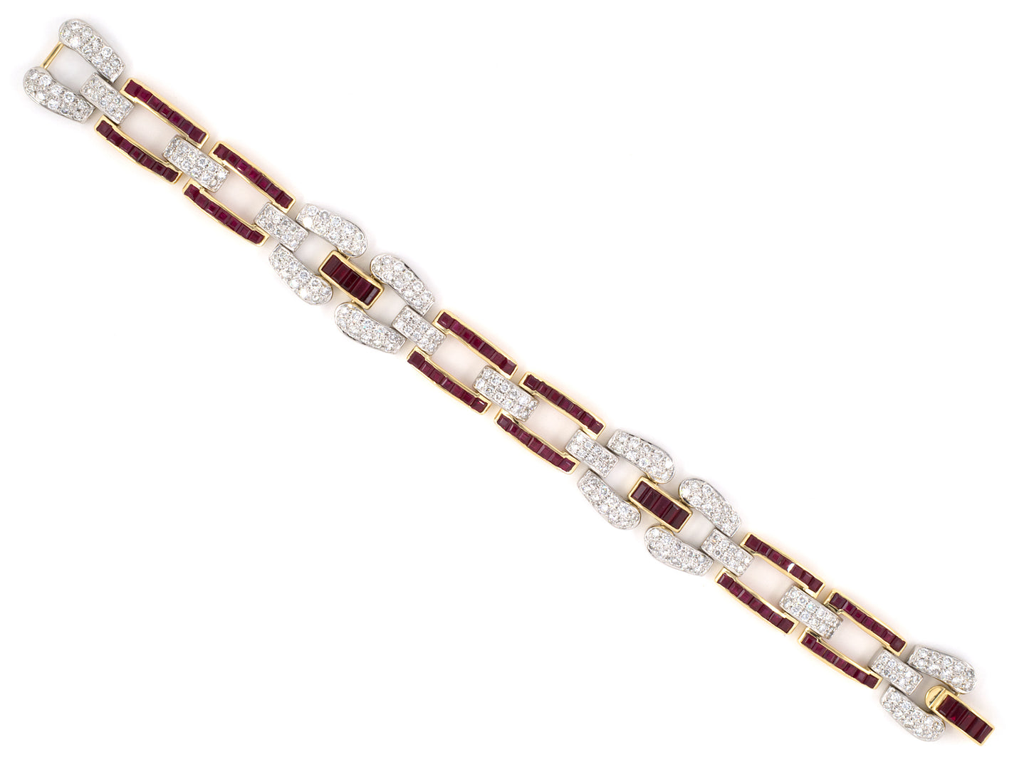 73689 - Circa 1980 Platinum Gold Diamond Ruby 3 Section Link Bracelet
