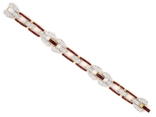73689 - Circa 1980 Platinum Gold Diamond Ruby 3 Section Link Bracelet