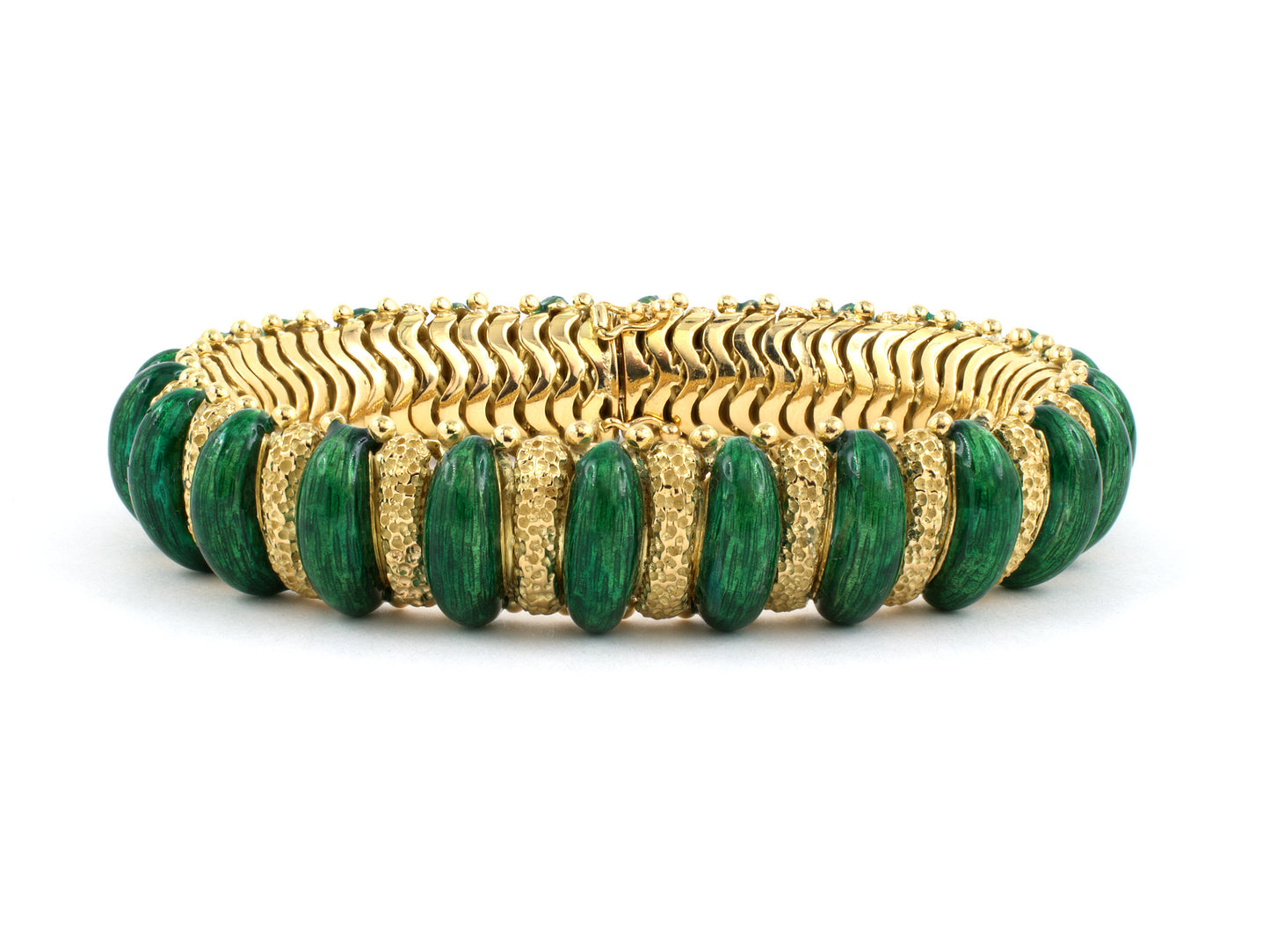73690 - SOLD - Circa 1960s Italy Gold Green Enamel Alternating Bracelet