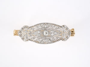 73694 - Art Deco Platinum Gold Diamond Center Hinged Bangle Bracelet