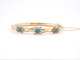 73708 - SOLD - Gold Cabochon Turquoise Scroll Design Ornament Hollow Hinged Bangle Bracelet