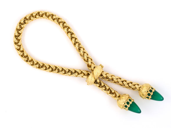 73713 - SOLD - Circa 1960s French Gold Green Onyx Acorn Leaf Adjustable Length Bracelet