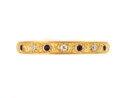 73714 - Art Nouveau Krementz Gold Amethyst Diamond Carved Floral Design Bangle Bracelet