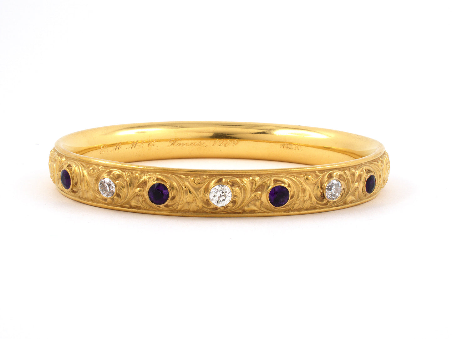 73714 - Art Nouveau Krementz Gold Amethyst Diamond Carved Floral Design Bangle Bracelet
